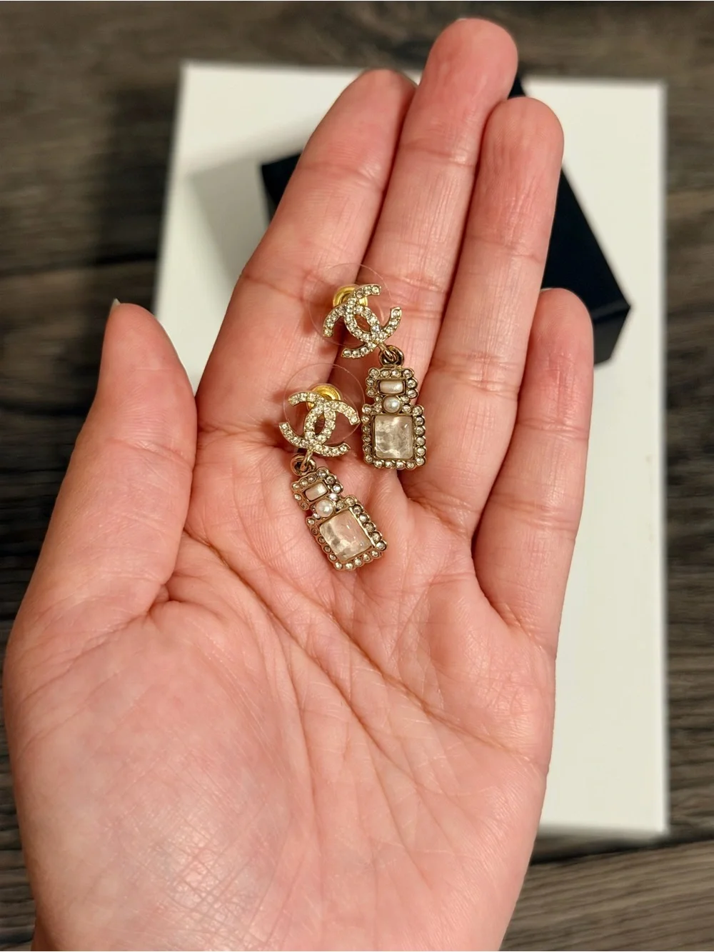 CHANEL Crystal CC Perfume Motif Dangle Earrings